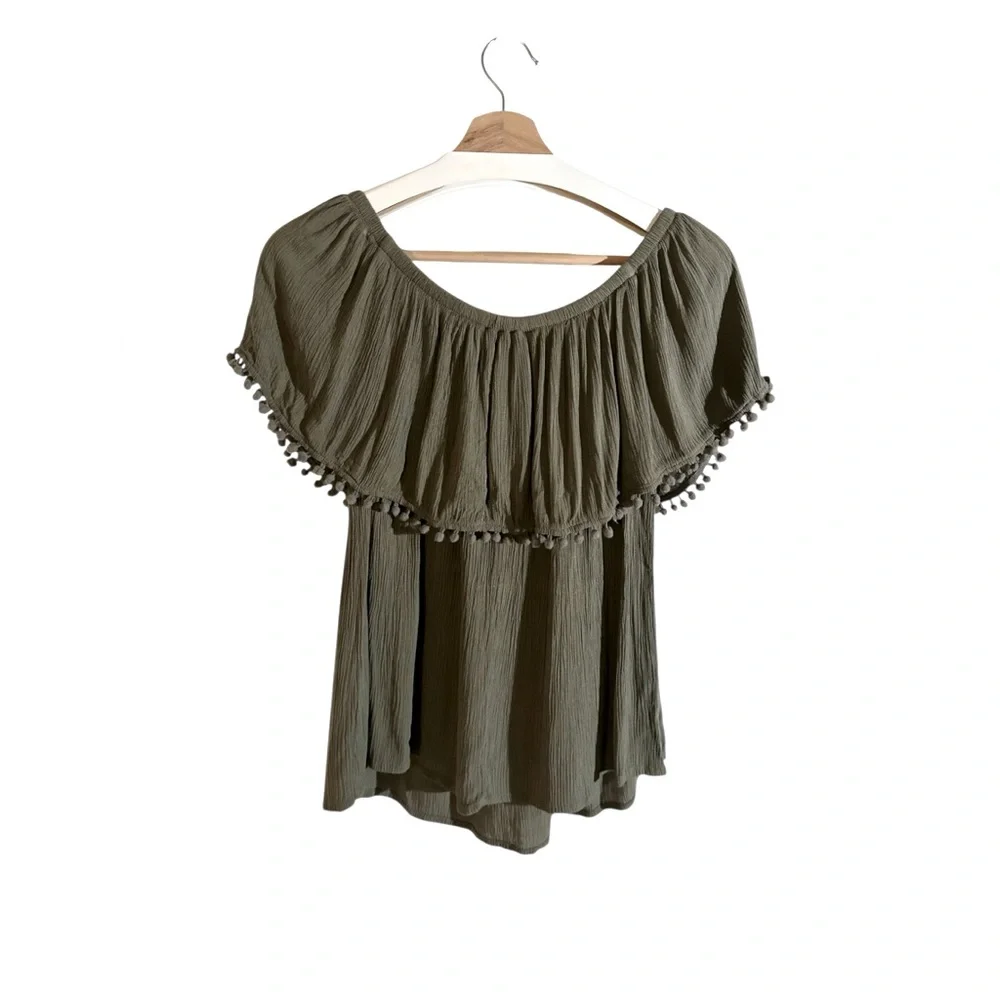 Blue Rain | Embroidered Olive Green Women's Shorts Sleeve Rayon Peplum Top - Picture 12 of 15